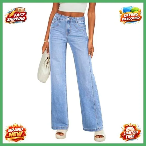 High Waisted Wide Leg Jeans Stretchy Straight Fit Denim Pants